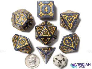 Midnight Citadel | Giant Castle, Dark-Grey Black, Gold Ink, White Glitter | Resin Dice Set (7)