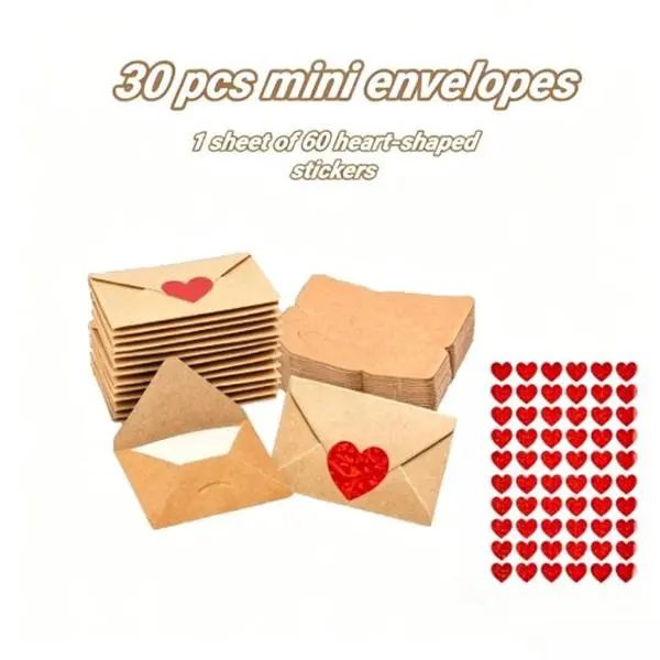 30 Pcs Durable Plain Kraft Eco-Friendly Mini Envelopes with Heart Stickers - 60 Pcs DIY Gift Card Holders for DIY Crafts, Valentine’s Day, Father’s Day Personalized Gifts (Home & Festive Party Supplies), 30 Pcs Mini Envelopes