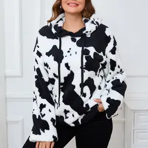 Women’s winter plush hooded sweatshirt with cow print, long sleeves, loose fit, and drawstring hood; ladies’ clothing suitable for indoor and outdoor wear; women’s everyday wear.
