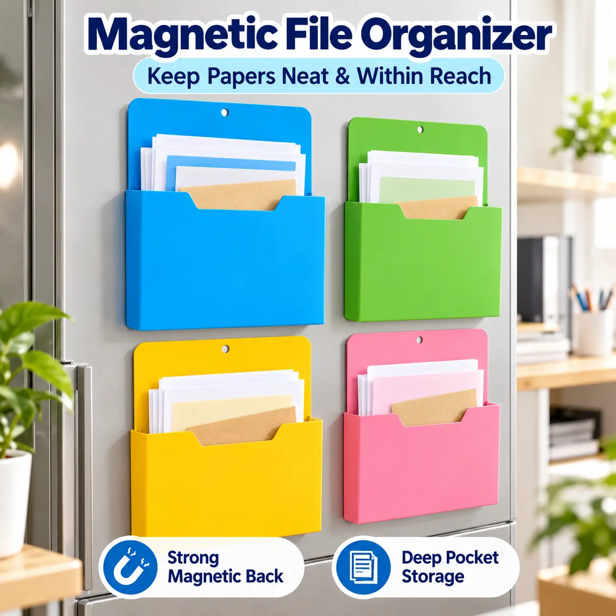 Magnetic File Holder Organizer, Wall Mounted File Folder with Strong Magnetic Back, Deep Pocket Storage for Papers, Mail, Documents & Magazines, 4 Colors Available , for Refrigerator, Office, Classroom & Locker