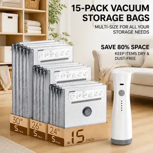 [2026 Upgraded] Cordless Travel Vacuum Storage Compression Bag Set – 15-Pack in 3 Sizes – USB Rechargeable Handheld