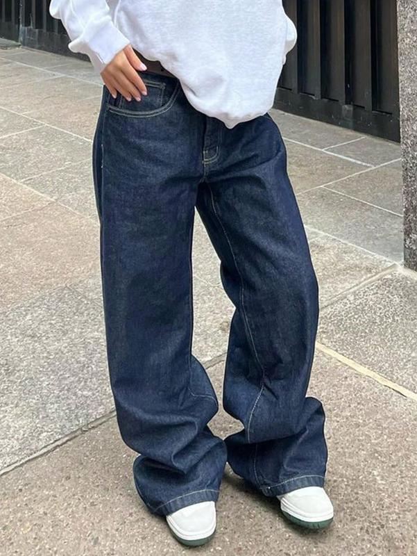 Apperloth Women Street Style Dark Blue Jeans Basic Baggy Denim Pants Trousers