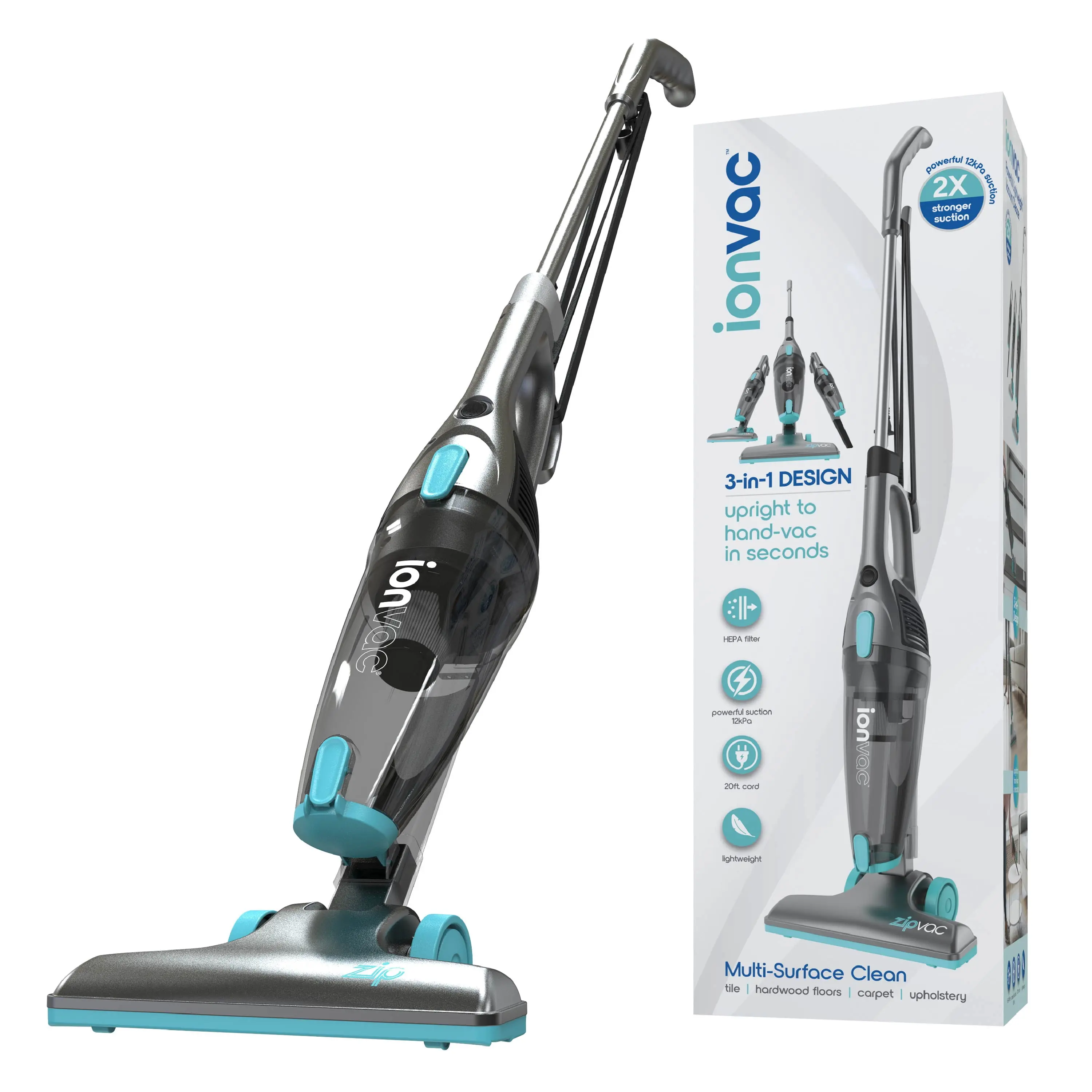 Ionvac ZipVac Corded Stick Vacuum For Domestic Sweeping Multi-Surface 3-in-1 Upright Handheld Cleaner Model 8842