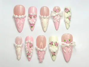 Nailchemy - Coquette Pink Ribbon Press On Nails | 3D Blush Vintage Nail Set | Long French Ribbon Nails | Romantic Pink Press On Nail