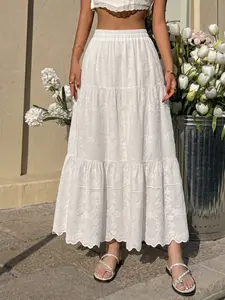 Boho Floral Eyelet Tiered Maxi Skirt For Women, High Waist Elastic Waistband Ruffle Long Skirt, Hollow Out Scalloped Hem A Line Casual Bottom, Summer Vacation Beach Cottagecore Outfit #springsaledeals2026 #summeroutfits #tiktokshopmademebuyit