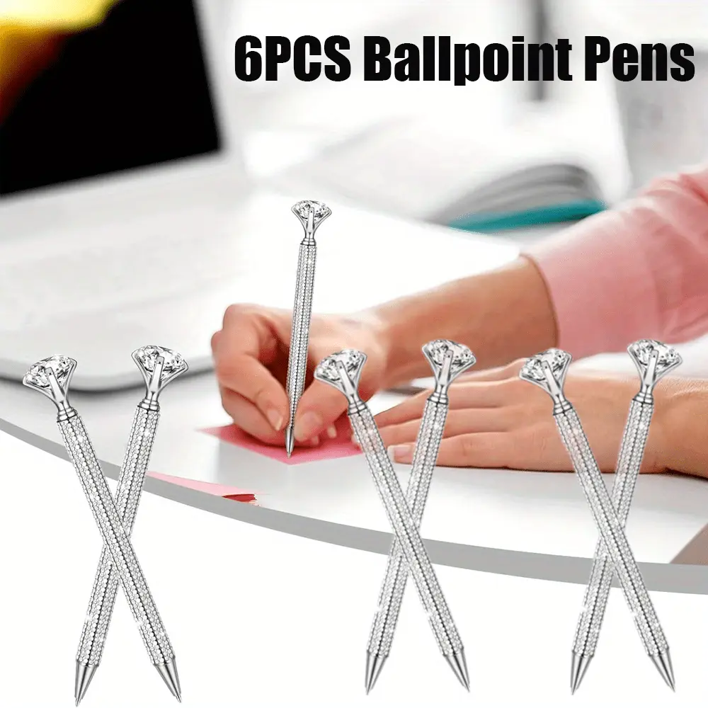 6pcs Diamond Round Ballpoint Pen Kit - Large Crystal Golden Glitter Metal, Crystal Decorative Women's Gift, Customizable with Erasable Gel & Watch (Sports & Outdoor Accessories Compatible)