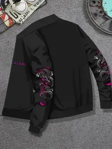 Men's Stand Collar Jacket Without Lining, Trendy Dragon Print Design, Loose Casual Long Sleeve Fall Winter Coat, Fashionable Daily Wear, Collared Jacket
