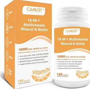 Hair Skin and Nails Multi-Vitamin for Men & Women, 10000mcg Biotin & Multimineral, Contains B-Vitamins, Vitamins C, E & D3, Trace Minerals, Zinc, Gluten-Free, Dairy-Free, Soy-Free, 100 Tablets