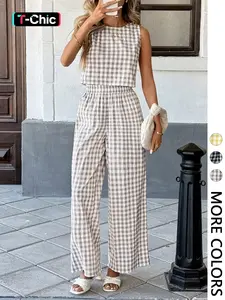Women's Casual Fashion Vacation Set, Plaid Sleeveless Vest with Back Buttons and Loose Long Pants Two-Piece Set, Womenswear