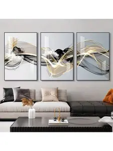 3 Minimalist black and gold abstract paintings – Frameless canvas art for home decoration
