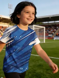girl child jersey Blue Diagonal Stripes With White Accents Breathable, light, and comfortable short sleeve T-shirt Suitable for going out, casual and comfortable, fashionable, elastic, polyester Comfortable training sports quick-dry for summer