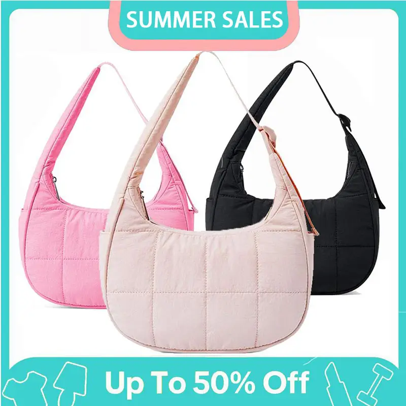 Women Soild Puffer Crescent Shoulder Bag Quilted Purse for Women Nylon Handbag with Adjustable Strap Girl Gift Travel Dating Springtok