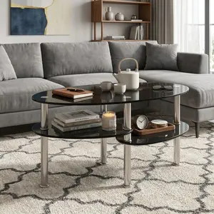 Luxury Oval Tempered Glass Side Table 2-Tier Shelf Design, Modern Sleek Coffee End Table, Anti-Scratch Easy Clean Accent Table For Living Room Corner Balcony Home Decoration