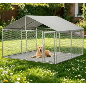 Large Outdoor Dog Kennel, Heavy Duty Dog Enclosure with Wire Mesh Fence & Lock, Waterproof Cover, Pet Pen for Large Dogs, Backyard Farm Use