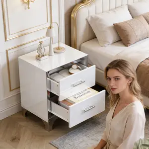 GLAM & ORGANIZED BEDSIDE UPGRADE!  High Gloss Mirrored Nightstand with 2 Silent-Slide Drawers – Modern End Table with Crystal Metal Handles, 110LB Top Capacity & 30LB/Drawer – Perfect for Bedroom, Living Room, Dorm & Small Spaces | Sleek White Finish
