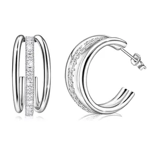 925 Sterling Silver Triple Hoop Huggie Earrings for Women, Hypoallergenic Open Ear Cuff Hoops with Cubic Zirconia, Chunky Fashion Jewelry for Sensitive Ears, Everyday Wear Gift