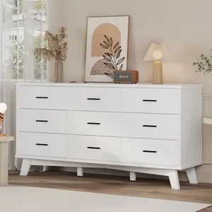 Dresser for Bedroom, 9 Drawer Wide Modern Chest of Drawers with X-Shaped Sturdy Base, Wood Double Dresser Closet Clothes Storage Organizer, Wooden TV Stand for Living Room, Hallway, White