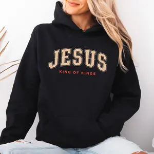 [Made in USA] Jesus King Of Kings Hoodie Unisex, Christian Faith Jesus King Of Kings Graphic Pullover Hoodie, Religious Varsity Letter Print Hoodie, Church Outfit Pullover Hoodie, Vintage Faith Aesthetic Christian Hoodie, Gift For Men Women.