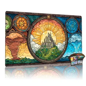 Elemental Castle Stained Glass Playmat for Mtg, 24x14 Inch Tcg Game Mat for Card Games, Mythical Mousepad Desk Mat, Gaming Mouse Pad