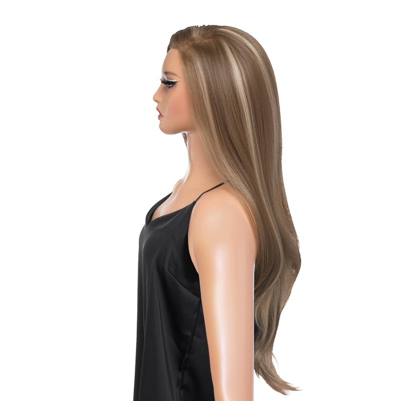 29-Inch Olive Brown (Ash Blonde Streak Highlights) Barely Wavy Futura Futura Synthetic Wig | 【Free-part Lace】【Heat Resistant】【Cap Included】 | FSGA