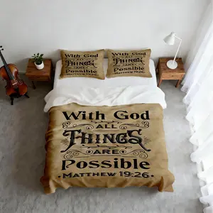 2/3PCS Christian Faith Duvet Cover Set - Matthew 19:26 Bible Verse Print, Soft Microfiber, Zipper Closure, Machine Washable, No Filler, Vintage Style Bedding for Bedroom Hotel, Religious Gift
