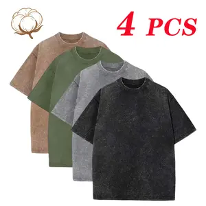Menswear 4-Pack Short-Sleeve T-Shirt Set, Unisex Round Neck Heavyweight Cotton Acid Wash Top, Loose Fit for Work & Gym, Streetwear Wardrobe Essential