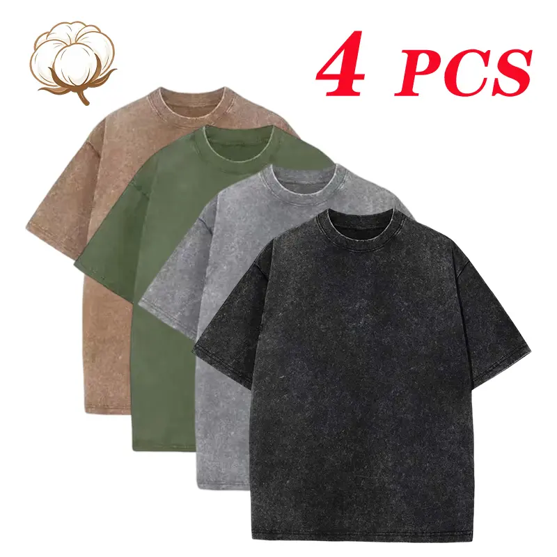 Men's 4-Pack T-Shirts, Heavyweight Cotton Round Neck Tops, Retro Acid Wash Baggy Style for Casual Work & Gym, No, Shortsleeve, Plain,clothes for back to school,first day of school outfits