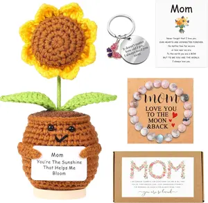 Mother's Day Gift Mom Gifts from Daughter,Christmas Birthday Gifts for mom,Handmade Positive Sunflower Doll Crochet with Card,Keychains,Bracelet and Gift Card,Gift for Mom from Daughter and Son