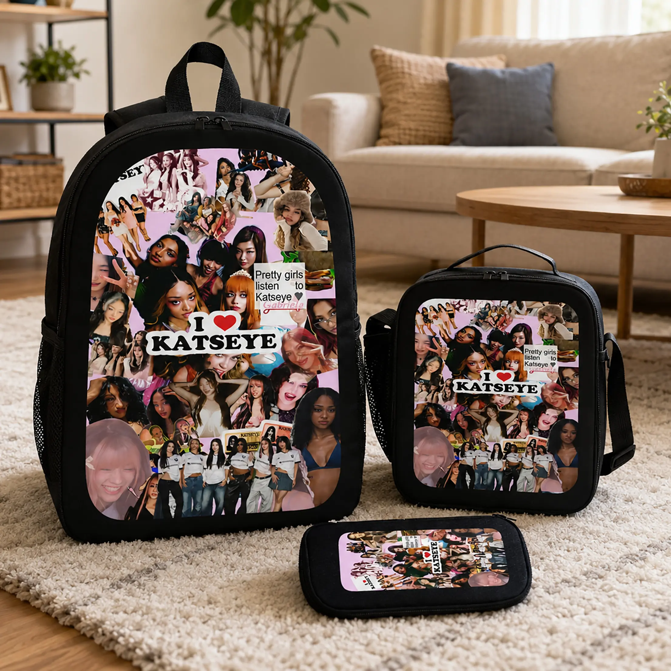 KATSEYE Backpack Set School Backpack Lunch Bag Pencil Case Kpop Merch KATSEYE Fan Gift Pop Idol Bookbag Aesthetic For Girls Boys Teens Women Students Travel School Daily Carry TikTok Viral Trending Cute Fashion Accessories Back To School
