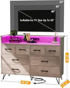 【Christmas Gift】Stylish Antique Light Dresser with 8 Drawers, LED Lighting & Built-In Charging Station - Modern Storage for Bedroom, Entryway, and Living Room – Perfect for Organizing Essentials