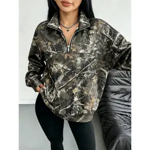 Women's Street Vintage Camo Full Print Loose Zipper Long Sleeves Sweatshirt, Casual Fall & Winter Clothing, Reunion School Wear, Teacher
