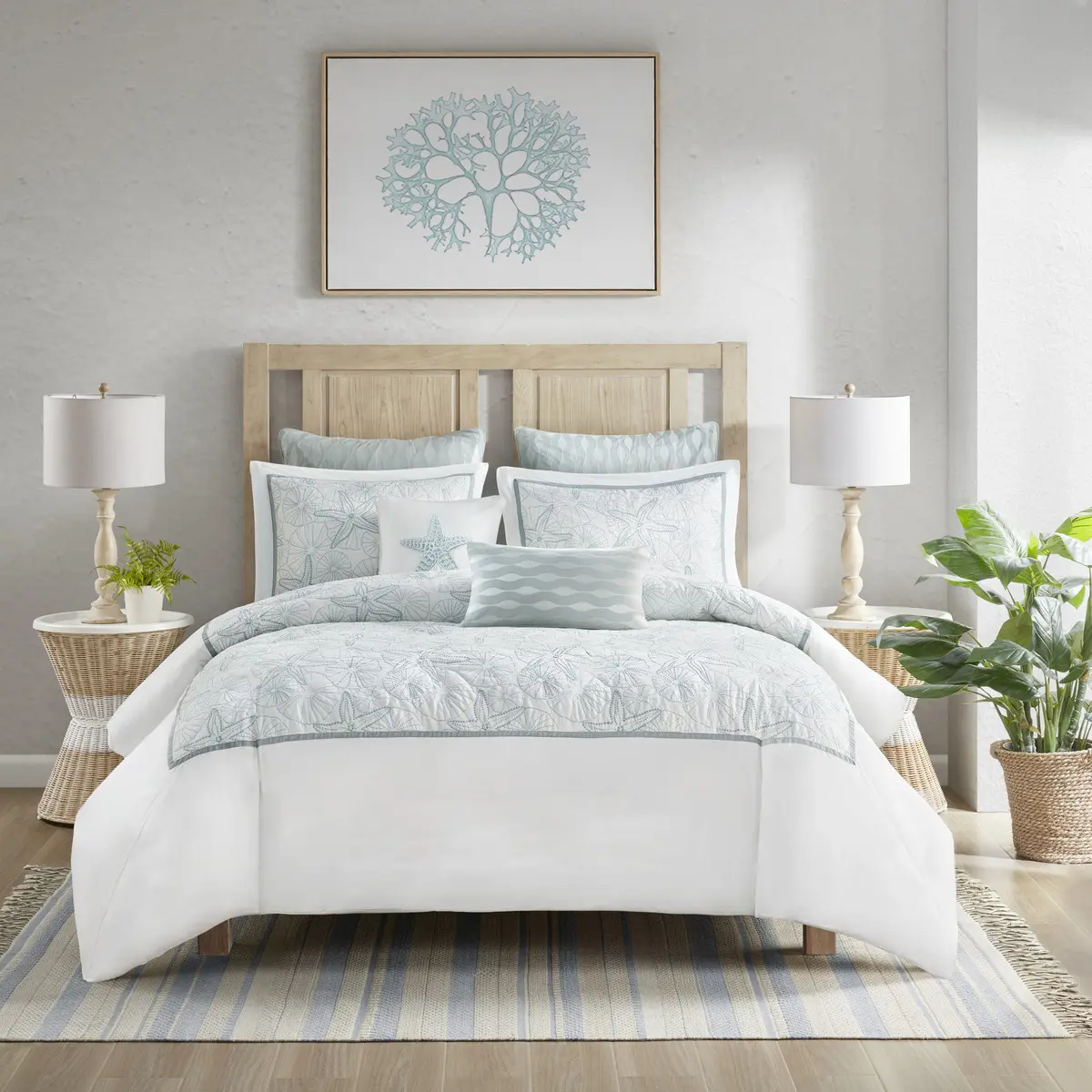 Duvet Cover Mini Set King Size Cotton Embroidered Seashell Bedding with 2 Shams, Coastal Decor, Oeko-Tex Certified, Dry Clean, Multiple Options