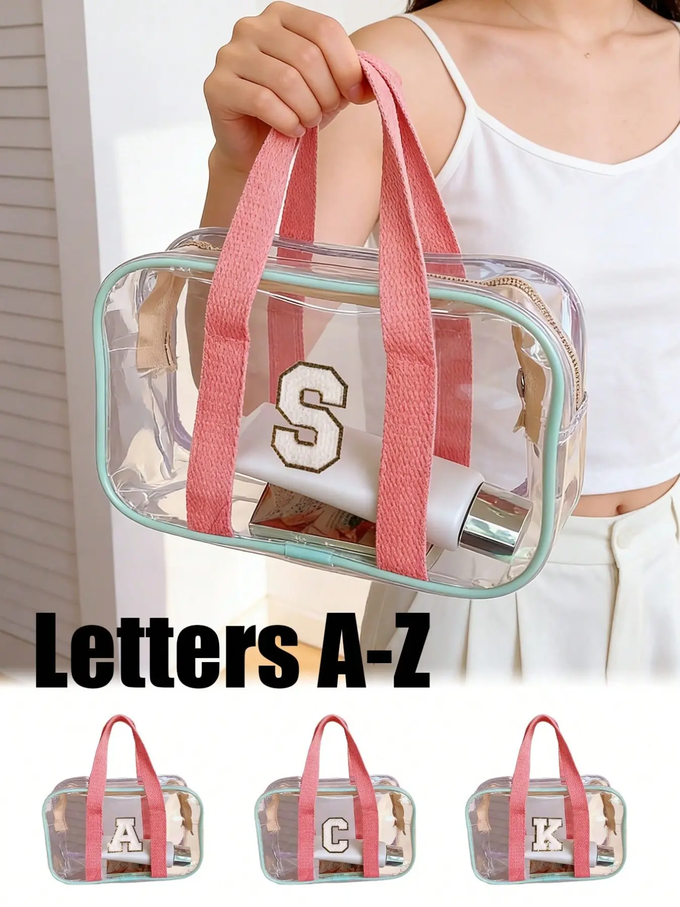 Transparent jelly beach bag, comes with a white towel embroidered with 26 letters, shoulder bag, handheld cosmetic storage bag, PVC tote bag, makeup shopping bag, transparent shoulder tote shopping bag, storage bag, toiletry bag