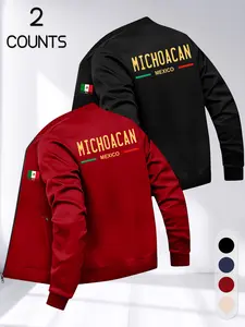 2-Pack Mexican Style Men's Baseball Neck Jacket, Michoacan Print Casual Zip Pocket Coat, Lightweight Spring Summer Outerwear
