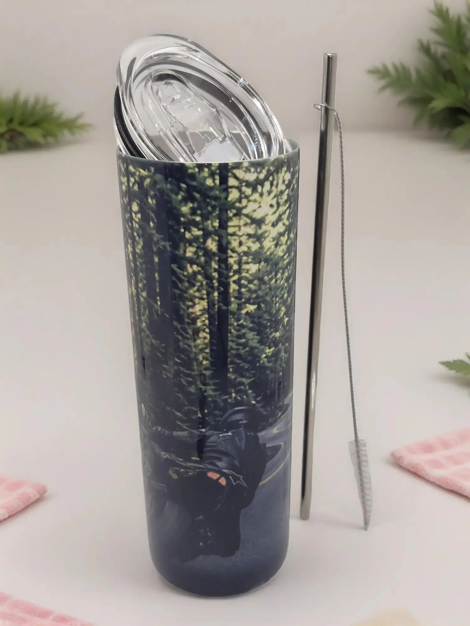 20 oz Stainless Steel Reusable Insulated Skinny Water Bottle, Portable Forest Motorcycle Design, Secure Lid with Straw for Hot & Cold Beverages