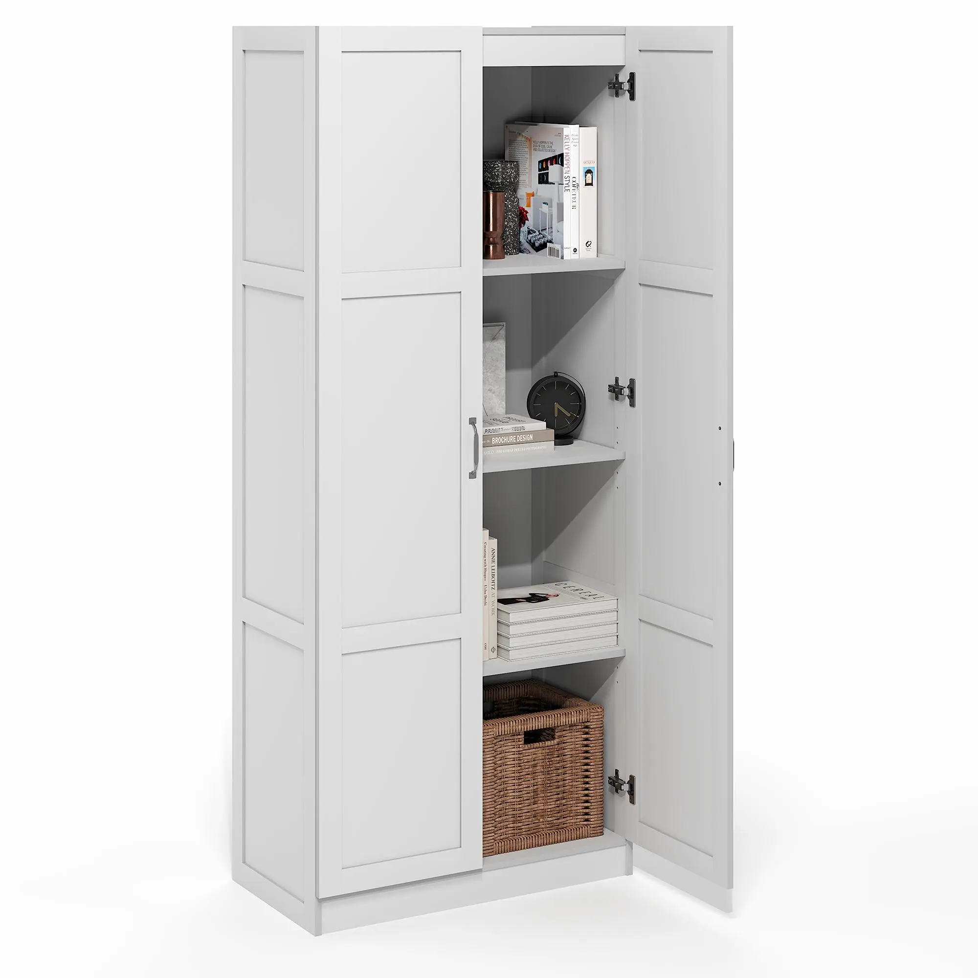 ROBIN Storage Cabinet, 4-Tier Pantry Cabinet with Adjustable Shelves, 30W with 2 Shaker-Doors, Kitchen Cabinet, Organization and Storage, for Pantry, Living Room, Home Office, White