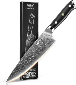 HAUGO Damascus Chef Knife - Haugo 8 Inch Kitchen Knife with Japanese VG10 Steel Core - Full Tang Handle - Ultra Sharp Professional Cooking Knife - Ronin Series - Gift Box