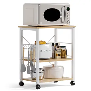 Millennial Oak Microwave Stand Rack - 5-Tier Space Saving Kitchen Cart with Wheels, Heavy Duty Metal Frame, Easy Movable Organizer for Countertop & Appliances