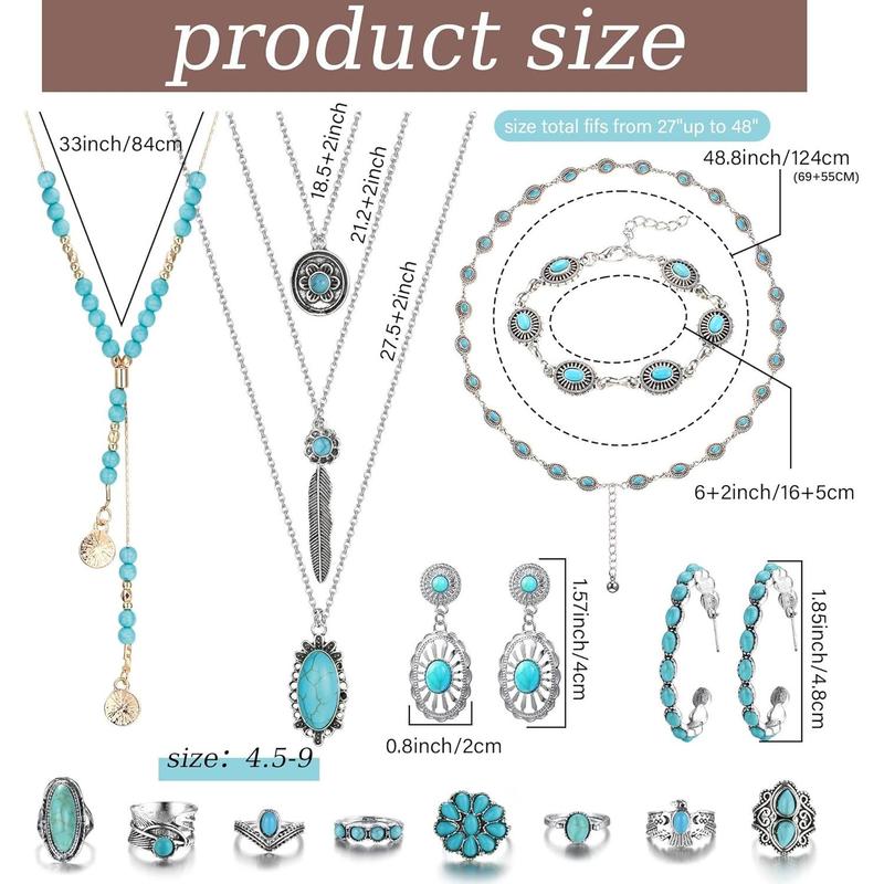 Bohemian Turquoise  for Women Men Western Turquoise Set Western Adjustable Belt Rings and Necklace  Turquoise Drop Earrings Bracelet Western Boho Turquoise  for Women