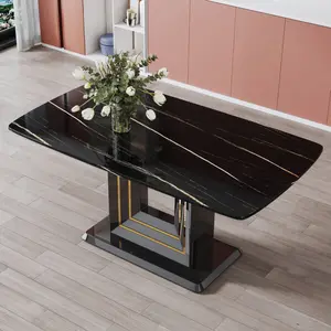 diningtable Dining table. Black imitation marble pattern desktop. Black MDF table legs, gold lines, black base. Suitable for kitchen and living room 63"*35.4"30"  F-SQ