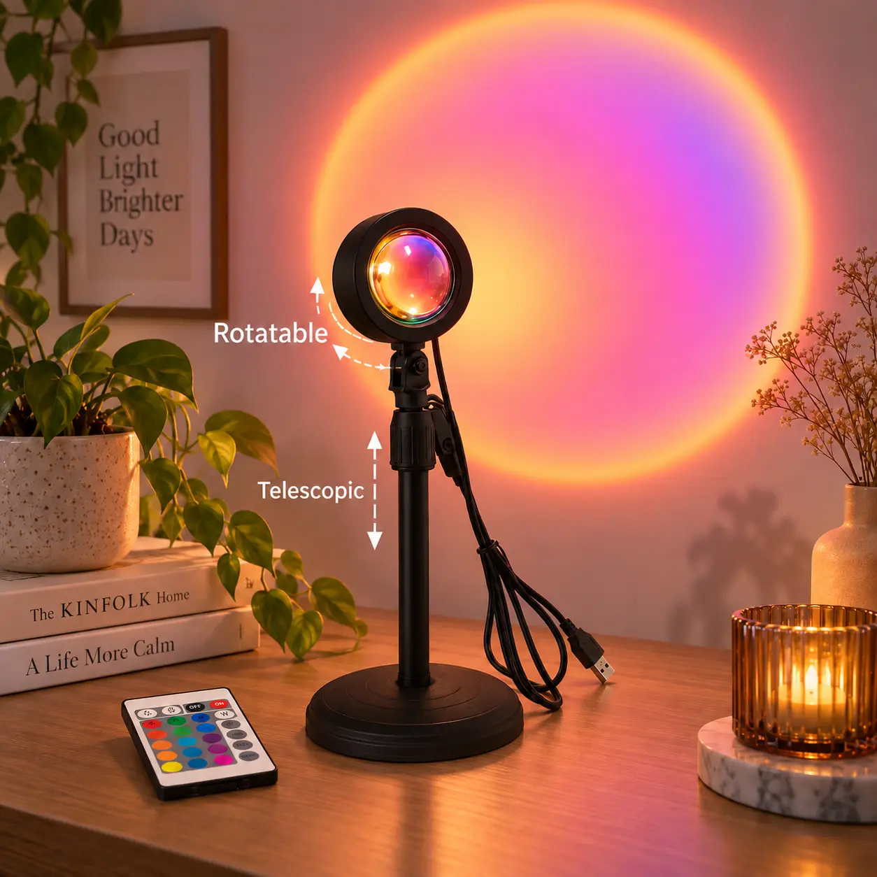180° Adjustable and Extendable Sunset Mood Light, 4 Modes, Remote-Controlled RGB Mood Night Light, Suitable for Bedrooms, Game Rooms, Live Streaming, Photography, and Home Wall Decor—Multifunctional LED Party Gift Light