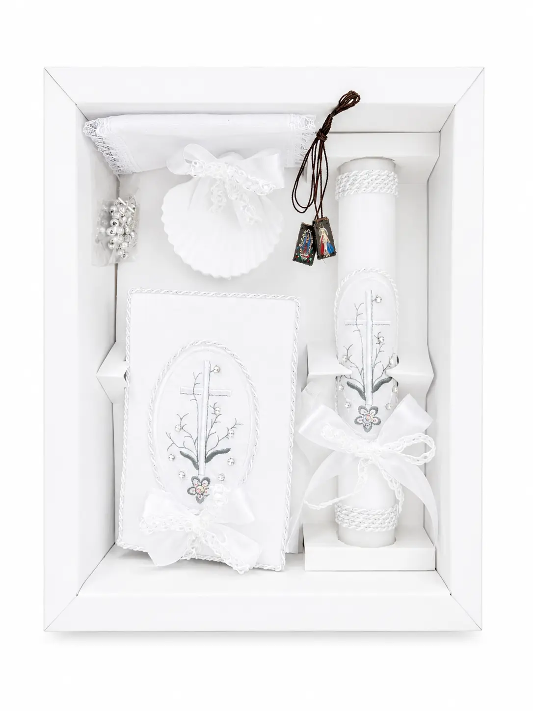 6-Piece Baptism Candle Set | Embroidered Cross | Bible Shell & Rosary