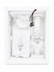 6-Piece Baptism Candle Set | Embroidered Cross | Bible Shell & Rosary