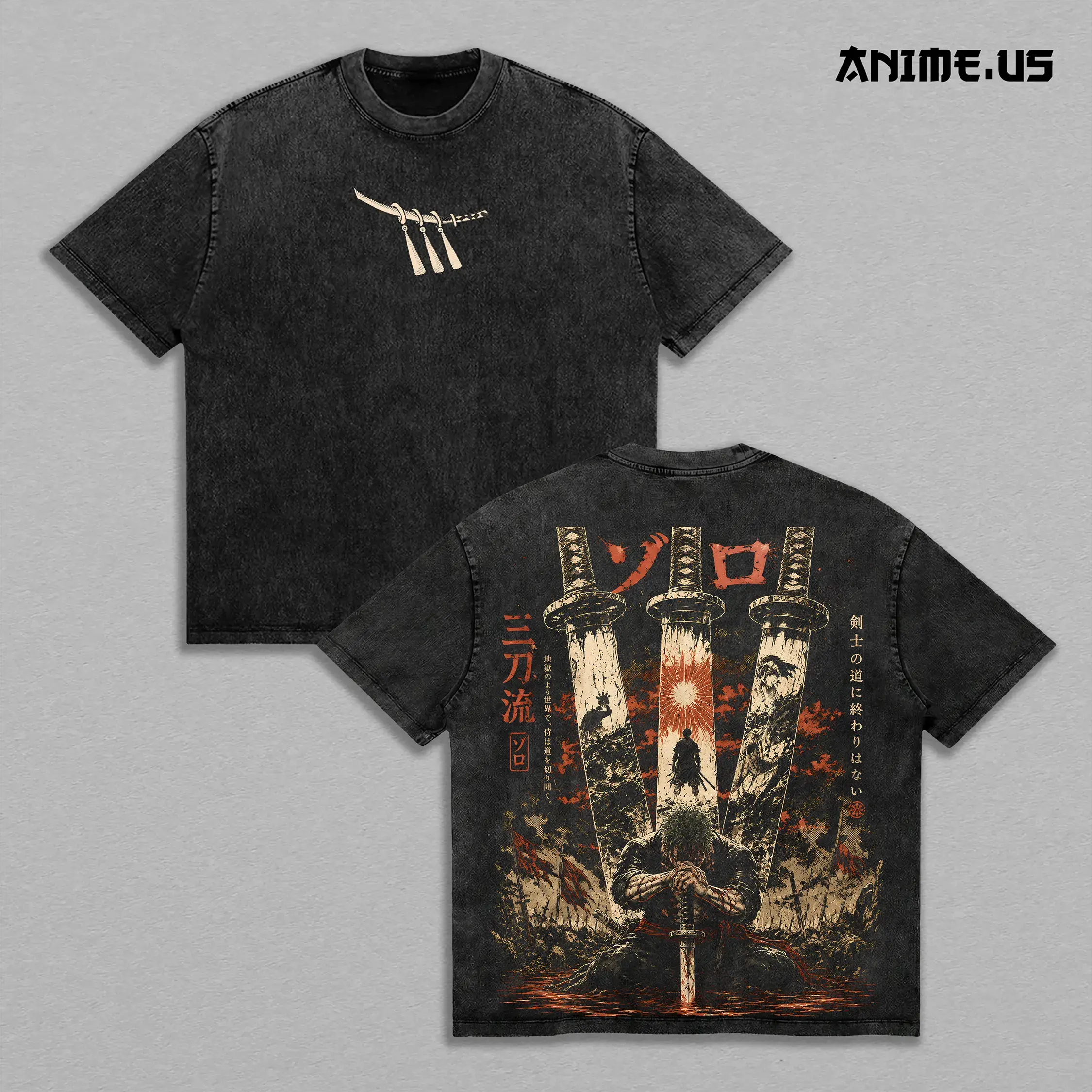 Roronoa Zoro Warrior's Resolve Washed T‑Shirt, Three Sword Style One Piece Graphic, Heavy Cotton Oversized Anime Fan Streetwear Tee