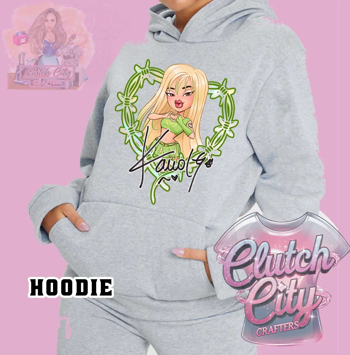 KG GREEN Doll Hoodie2, Sweatshirt, Crew Neck, Crop Top - Lightweight Classic Crew Neck Design Unisex Casual