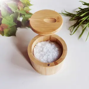 Bamboo Spice Container with Spoon Rotating Lid, Bamboo Salt Jar, Home Storage Jar, Simple Kitchen Organizer, Eco-Friendly Condiment Holder, Condiment Containers