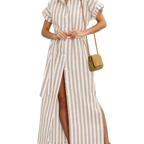 Ebossy Women's V-Neck Chic Short-Sleeve Blue Striped Button-Up Maxi Dress - Soft Cotton, Machine Washable, Waist Belt-Fitted, Beach-to-Office Wedding Hawaii Dress That Cinches You In