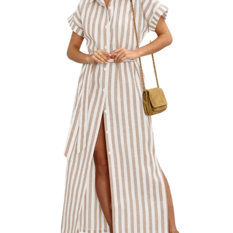 Ebossy Women's V-Neck Chic Short-Sleeve Blue Striped Button-Up Maxi Dress - Soft Cotton, Machine Washable, Waist Belt-Fitted, Beach-to-Office Wedding Hawaii Dress That Cinches You In