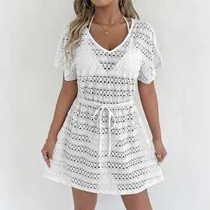 Drawstring Waist Openwork Knit Short Sleeve Beach Cover Up Dress