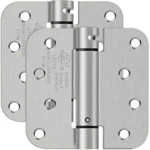 4 Inch Self Closing Spring Loaded Door Hinges, 5/8" Radius Corners, UL Listed Brushed Nickel Hinges for Exterior Garage Front Back Left & Right Hand Door, 2 Pack